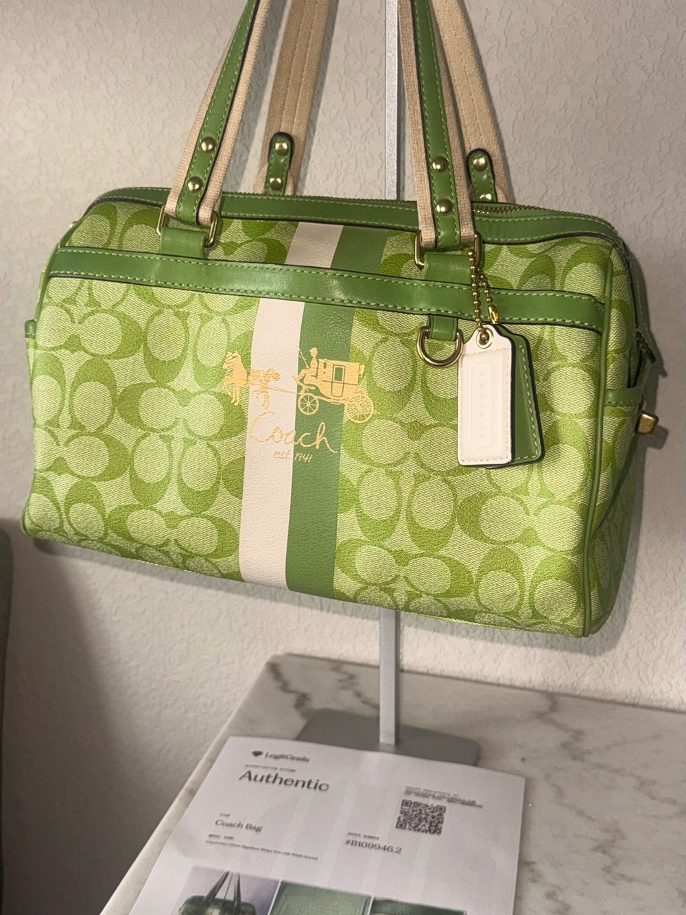 Coach Lime Green Signature Stripe Satchel with White Accents - Picture 12 of 12